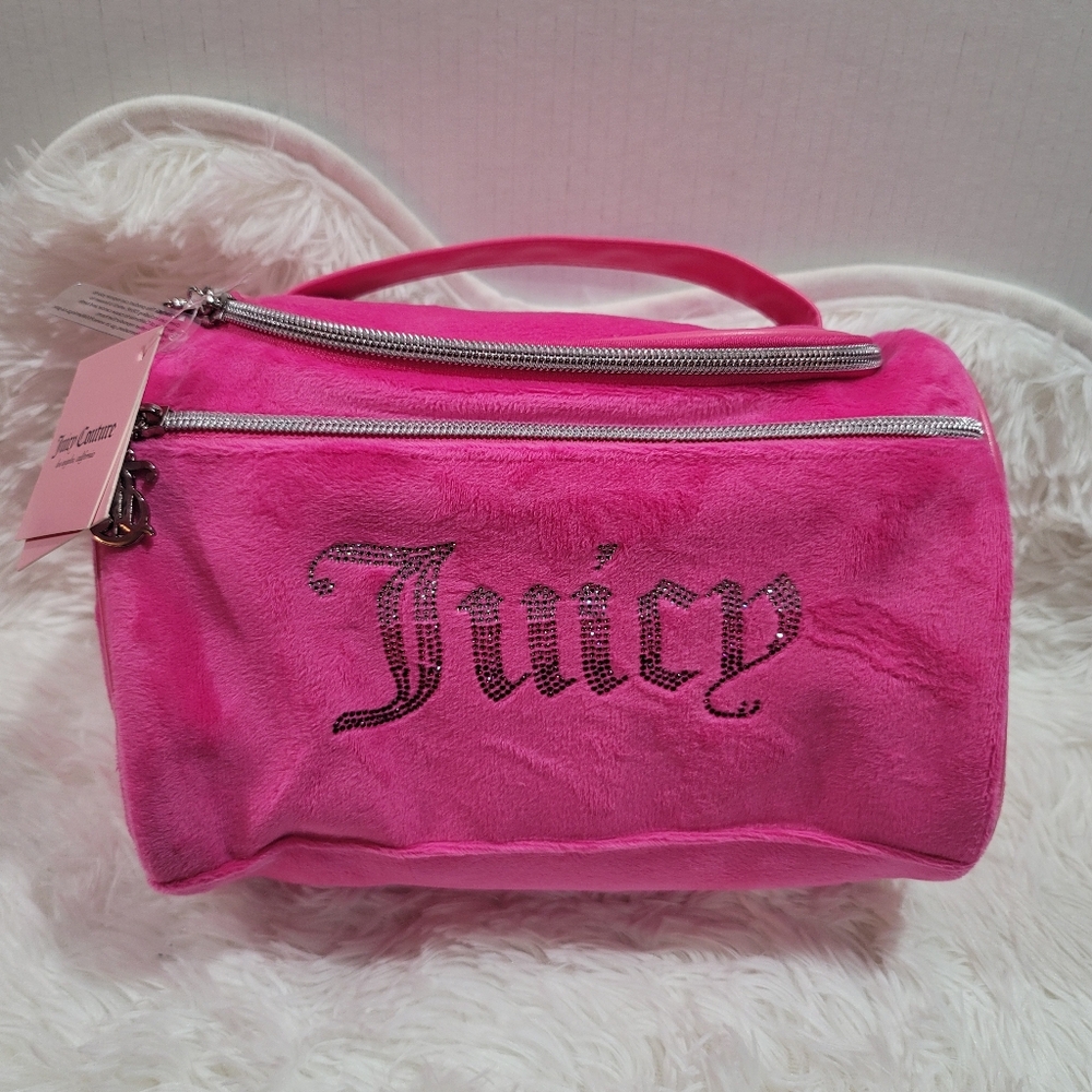 Juicy Couture L Rhinestone Pink Velour Makeup Cosmetic Travel Case Bag Brand New